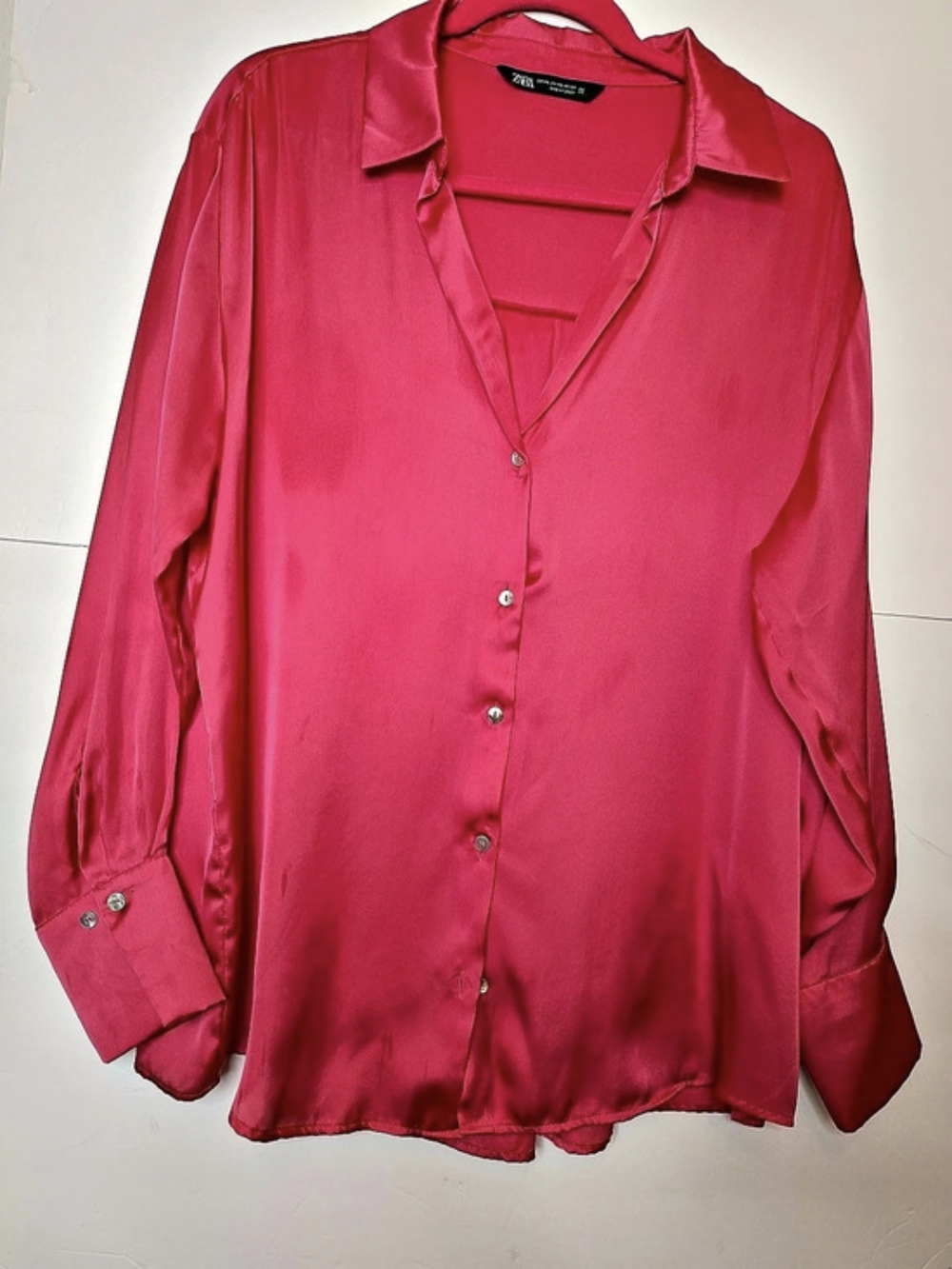 ZARA Hot Pink Satin Button Down Shirt Oversized Silky Blouse Fuchsia